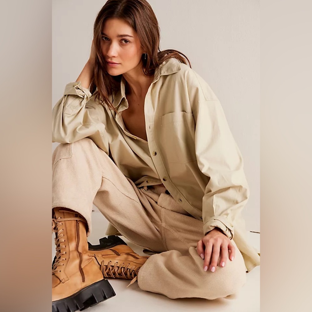 Free People Oversized Neutral Khaki Cotton Freddie Button Down Castle Wall Shirt
